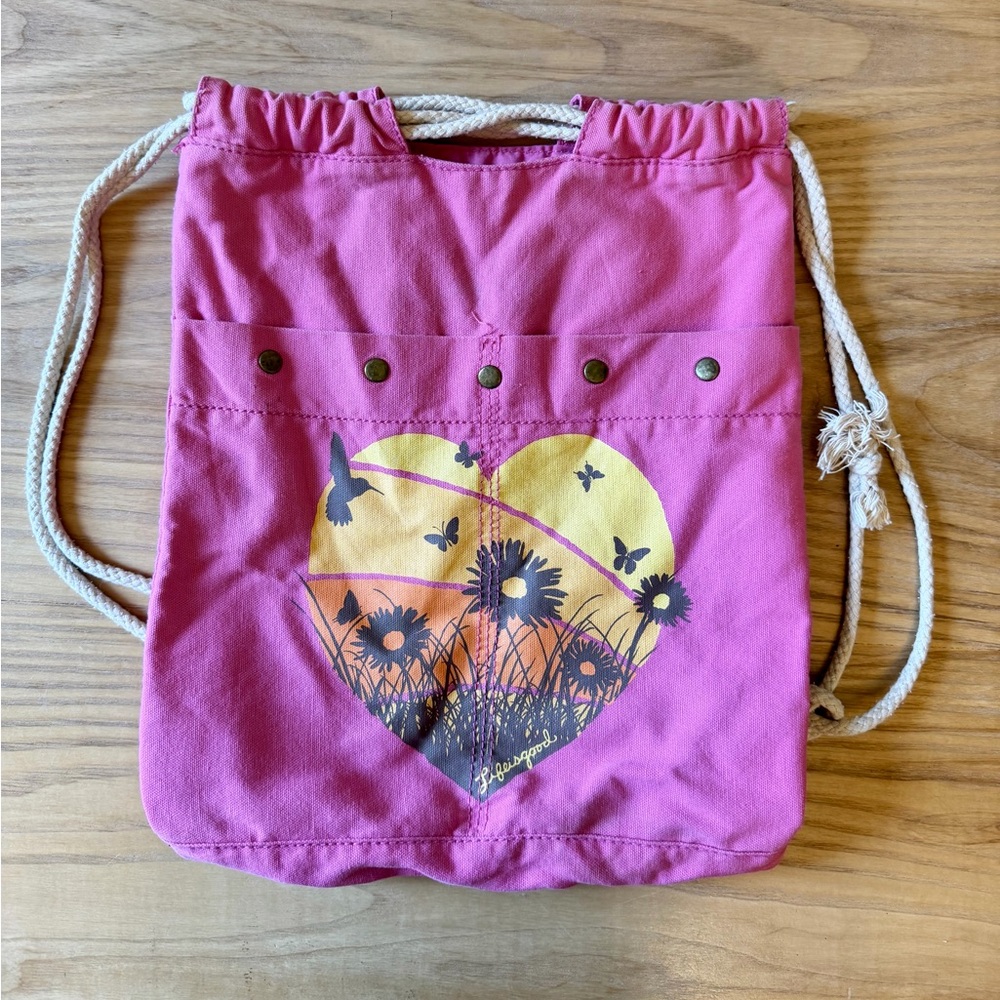 Life is Good Pink Drawstring Backpack with Heart and Butterfly Design